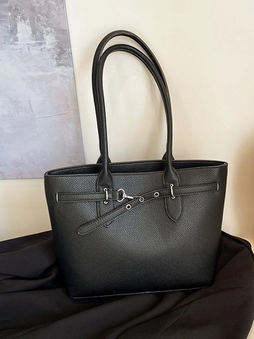 Women PU Leather Lychee Pattern Tote Bag Large Capacity Commuting Shoulder Bag With Decorative Belt Metal Buckle