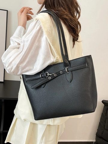 Women PU Leather Lychee Pattern Tote Bag Large Capacity Commuting Shoulder Bag With Decorative Belt Metal Buckle