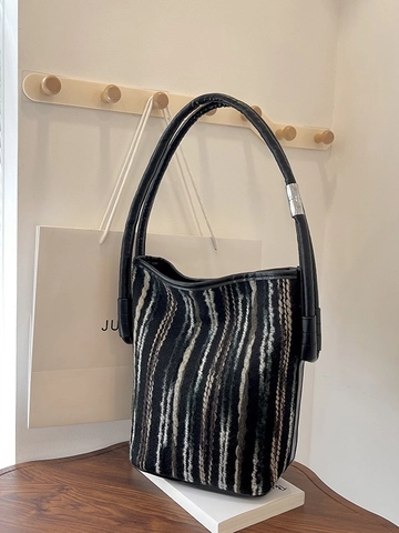 Women Colorful Woven Striped Bucket Bag Fashion Knit Handbag With Synthetic Leather Handle Casual Daily Shoulder Bag
