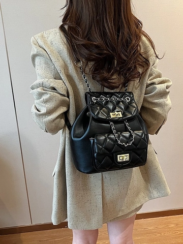 Fashionable Quilted PU Leather Backpack For Women Diamond Lattice Travel Bag With Gold Chain Elegant Casual Small Rucksack