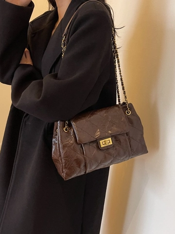 Dames Geplooide Gewatteerde Crossbodytas Synthetisch Leer Ruitpatroon Ketting Schoudertas Vintage Draaislot Vierkante Handtas