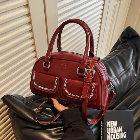 Women PU Leather Boston Bag Front Pockets White Contrast Stitching Detachable Strap Crossbody Handbag Retro