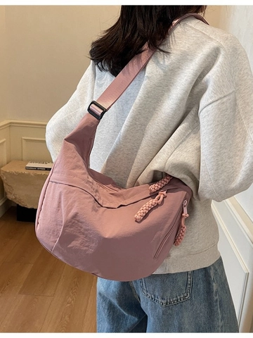 Women Large Capacity Nylon Half Moon Crossbody Bag Minimalist Japanese Style Hobo Bag With Braided Zipper Pull For Student