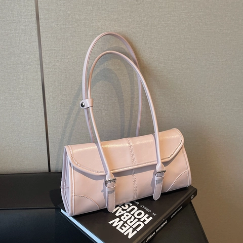 Bolso Vintage de Cuero PU para Mujer Axila Color Sólido Grande Bolso de Hombro Baguette Con Hebillas Moda Viaje Diario