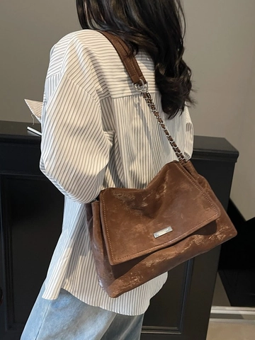 Women Vintage PU Leather Large Capacity Tote Bag Distressed Chain Shoulder Bag With Flap Crossbody Bag Commute Office Handbag