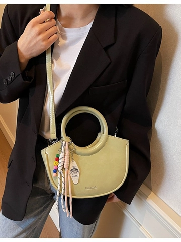 Trendy Women PU Leather Bucket Handbag Fashion Half Moon Crossbody Bag With Decorative Charms Small Solid Color Shoulder Bag