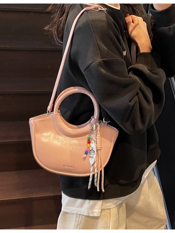 Trendy Women PU Leather Bucket Handbag Fashion Half Moon Crossbody Bag With Decorative Charms Small Solid Color Shoulder Bag