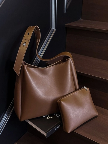 Damen Retro Große Kapazität Eimertasche Minimalistische PU Leder Schultertasche Mit Verstellbarem Breitem Riemen Pendler Handtasche