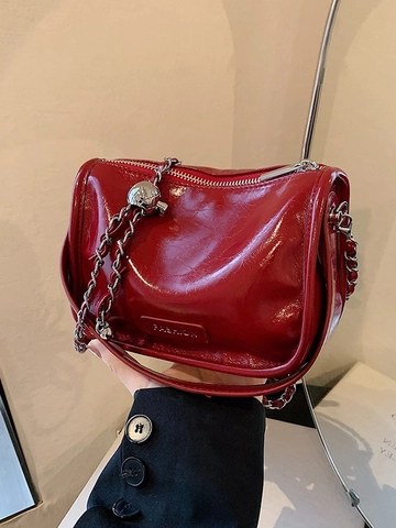 Women's Glossy Patent Leather Square Crossbody Bag With Metal Chain Strap Fashion Handbag Small Purse Solid Color