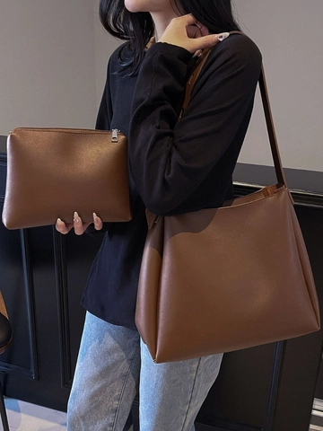 Damen Retro Große Kapazität Eimertasche Minimalistische PU Leder Schultertasche Mit Verstellbarem Breitem Riemen Pendler Handtasche
