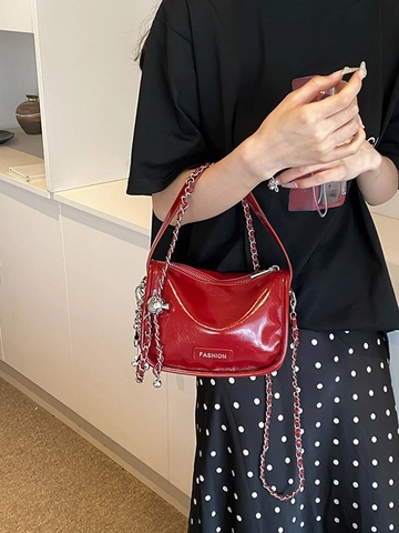 Women's Glossy Patent Leather Square Crossbody Bag With Metal Chain Strap Fashion Handbag Small Purse Solid Color