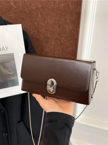 Women Fashion PU Leather Crossbody Bag Small Square Box Bag With Silver Metal Chain Strap Lock Closure Shoulder Bag