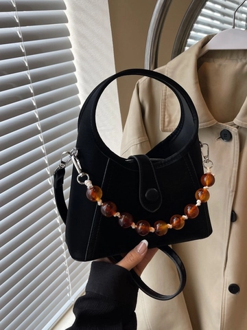 Sac Seau à Perles pour Femmes en Cuir PU de Style Chinois Nouveau Avec Poignée Ronde Petit Sac à Main Bandoulière Quotidien