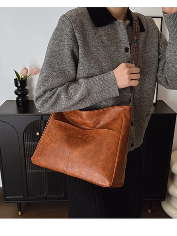 Borsa Tote da Donna in Pelle PU Vintage Con Tracolla Larga Ricamata Etnica Retro Grande Capacità Borsa a Tracolla Pendolare