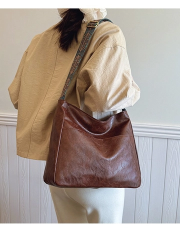 Borsa Tote da Donna in Pelle PU Vintage Con Tracolla Larga Ricamata Etnica Retro Grande Capacità Borsa a Tracolla Pendolare