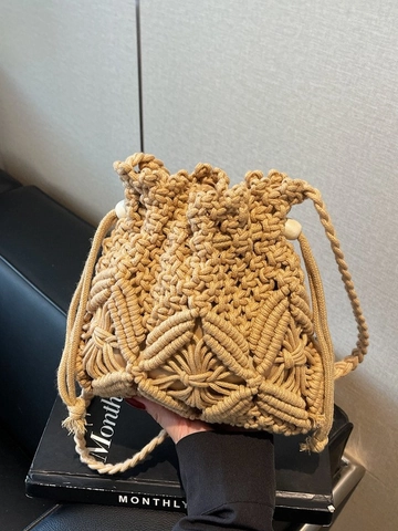 Handmade Macrame Crochet Bucket Bag For Women Retro Bohemian Woven Crossbody Shoulder Bag With Drawstring Wood Bead Decor