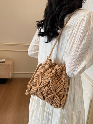 Handmade Macrame Crochet Bucket Bag For Women Retro Bohemian Woven Crossbody Shoulder Bag With Drawstring Wood Bead Decor