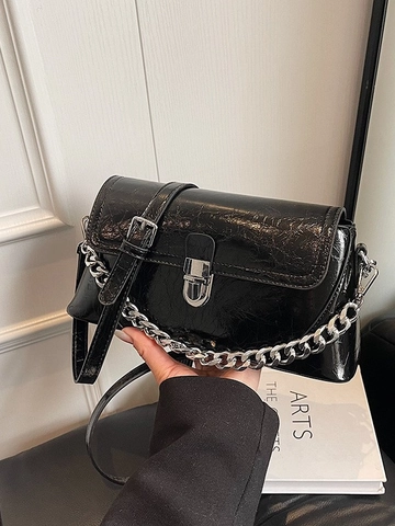 Women Glossy Crinkled PU Leather Crossbody Bag Minimalist Small Square Shoulder Bag With Silver Chain And Metal Lock