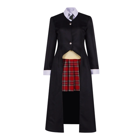 Costume Cosplay Anime da Donna Frac Nero Gonna a Quadri Rossa Gilet Giallo Camicia Cravatta Uniforme per Festa di Halloween