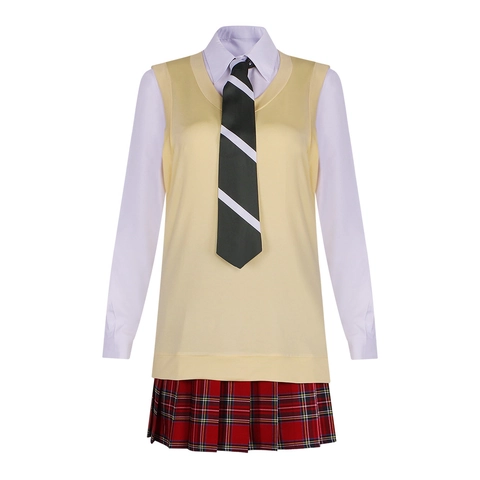 Costume Cosplay Anime da Donna Frac Nero Gonna a Quadri Rossa Gilet Giallo Camicia Cravatta Uniforme per Festa di Halloween