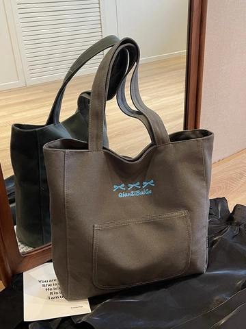 Borsa Tote in Tela da Donna Grande Capacità Borsa a Tracolla Casual Con Ricamo a Fiocco Tasca Frontale Borsa Versatile