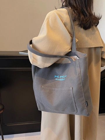 Borsa Tote in Tela da Donna Grande Capacità Borsa a Tracolla Casual Con Ricamo a Fiocco Tasca Frontale Borsa Versatile