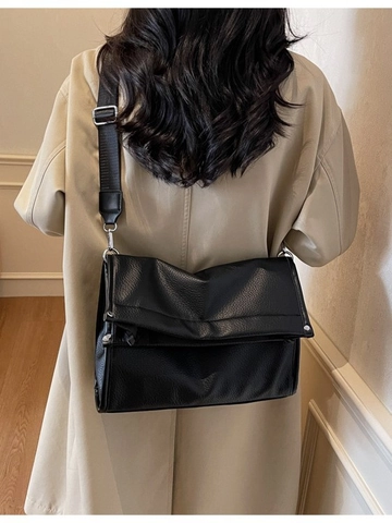 Women Large Capacity Crossbody Bag Minimalist Lychee Pattern PU Nylon Tote Bag With Adjustable Wide Strap Silver Hardware