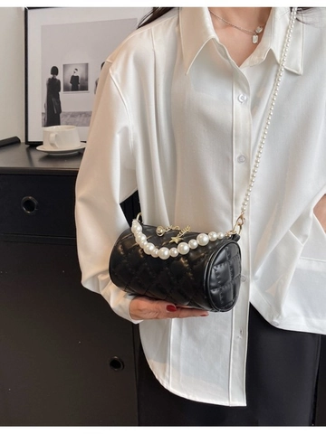 Bolso Barril Acolchado Elegante Cuero PU Bolso Bandolera Con Cadena de Perlas Artificiales Colgante Estrella Bolso de Mano Mujer