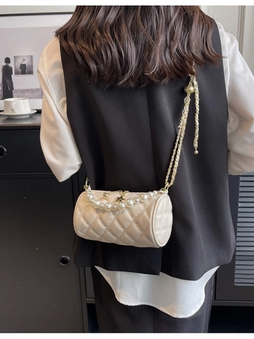 Bolso Barril Acolchado Elegante Cuero PU Bolso Bandolera Con Cadena de Perlas Artificiales Colgante Estrella Bolso de Mano Mujer