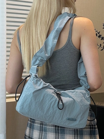 Women Pleated Nylon Cloud Shoulder Bag Waterproof Ruched Underarm Bag With Drawstring Casual Crossbody Bag For Daily Travel