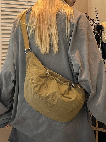 Women Large Capacity Nylon Hobo Bag Pleated Drawstring Half Moon Crossbody Bag Minimalist Casual Waterproof Shoulder Satchel
