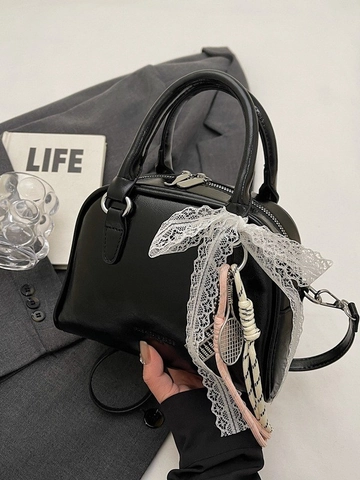 Women Boston Bag PU Leather Bowling Handbag with Lace Bow Pendant Sweet Crossbody Shoulder Bag for Casual Daily Travel