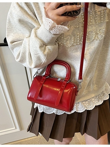 Bolso Bandolera Mini Boston Para Mujer Cuero PU Brillante Bolso de Mano Pequeño Con Correa Ajustable Moda Diaria Versátil