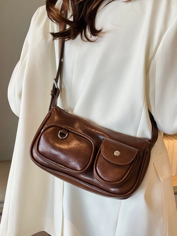 Borsa a Tracolla Vintage in Pelle PU da Donna Piccola Quadrata Borsa Sotto l'Ascella Minimalista Con Doppie Tasche Anteriori