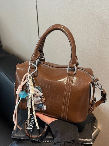 Retro PU Leather Boston Bag Women Fashion Letter Embossed Handbag With Cute Pendant Commuting Shoulder Crossbody Bag High Quality Bag