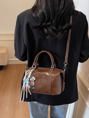 Retro PU Leather Boston Bag Women Fashion Letter Embossed Handbag With Cute Pendant Commuting Shoulder Crossbody Bag High Quality Bag