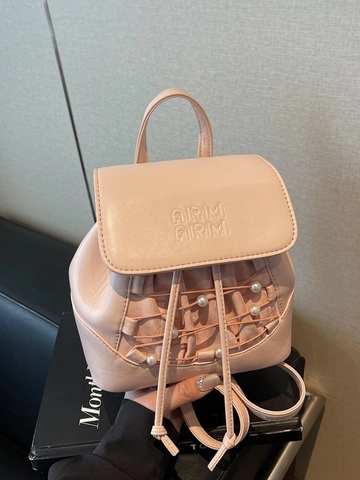Mini Mochila para Mujer de Cuero PU con Decoración de Perlas y Solapa con Cordón Bolso Escolar de Viaje Casual