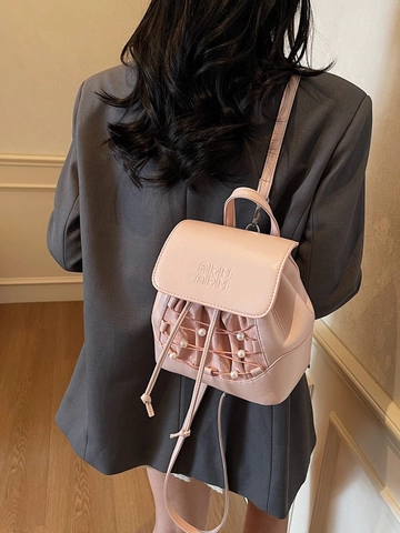 Mini Mochila para Mujer de Cuero PU con Decoración de Perlas y Solapa con Cordón Bolso Escolar de Viaje Casual