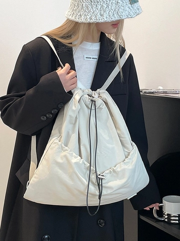 Dames Nylon Trekkoord Rugzak Lichtgewicht Waterdicht Grote Capaciteit Reizen Schooltas Mode Koreaanse Stijl Casual Student Rugzak Effen Kleur