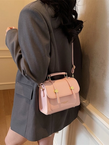 Women Vintage PU Leather Crossbody Bag Korean Fashion Top Handle Small Square Purse With Gold Buckle Daily Shoulder Bag