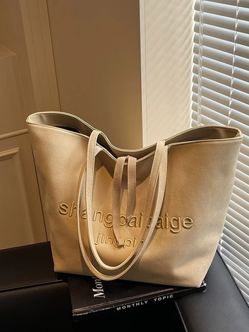 Damen Große Kapazität Canvas Tote Bag Buchstaben Bestickt Lässig Umhängetasche Für Arbeit Pendeln Schule Reise Einkaufen Handtasche