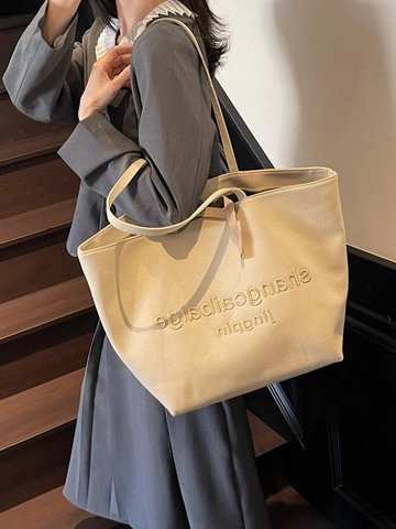 Damen Große Kapazität Canvas Tote Bag Buchstaben Bestickt Lässig Umhängetasche Für Arbeit Pendeln Schule Reise Einkaufen Handtasche