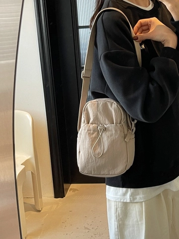 Women Minimalist Nylon Drawstring Crossbody Bag Korean Style Pleated Lightweight Small Square Shoulder Bag Daily Phone Pouch