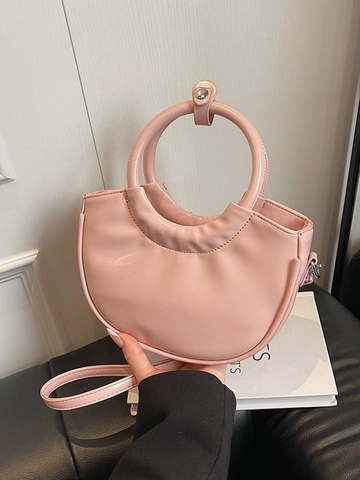 Glossy PU Leather Half Moon Crossbody Bag For Women Large Circular Handle Pleated Design Fashion Shoulder Handbag Gift