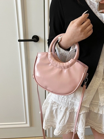 Glossy PU Leather Half Moon Crossbody Bag For Women Large Circular Handle Pleated Design Fashion Shoulder Handbag Gift