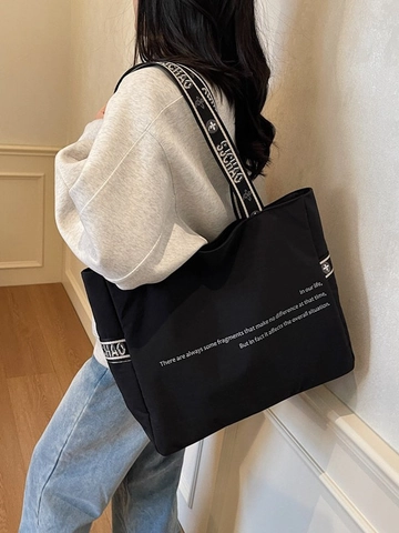 Sac Fourre-tout en Toile pour Femmes Grande Capacité Sac à Bandoulière Décontracté Avec Large Sangle Imprimé de Lettres Mode Shopping Quotidien
