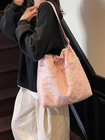 Dames Grote Capaciteit Gequilt Crossbodytas Regenboog Golf Borduurwerk Trekkoord Tote Bucket Bag Casual Woon-werkverkeer Schoudertas