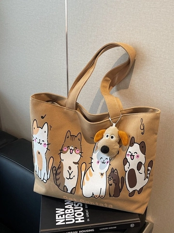 Grote Capaciteit Canvas Draagzak Vrouwen Japans Casual Schoudertas Cartoon Kat Print Met Pluche Puppy Hanger Student Schooltas