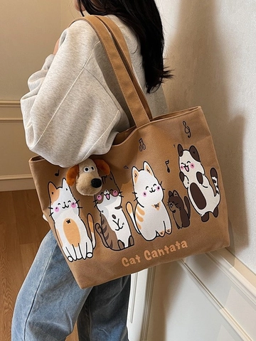 Grote Capaciteit Canvas Draagzak Vrouwen Japans Casual Schoudertas Cartoon Kat Print Met Pluche Puppy Hanger Student Schooltas