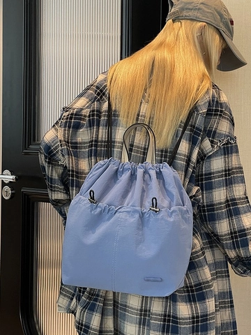 Women Large Capacity Drawstring Backpack Waterproof Nylon Bucket Bag Casual Travel Rucksack Top Handle Daily Outdoor Bag